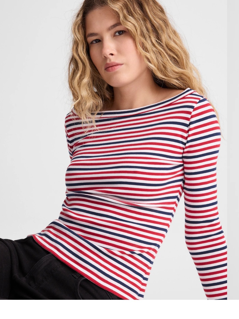 Madewell Red, White & Navy Striped Long-Sleeve Boatneck Top 100% Cotton NEW